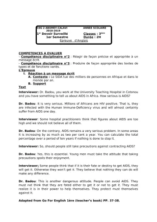 Première page de Anglais 3e, 3e ML — 1er devoir surveillé, 1er semestre (2018-2019) · CEG2 ABOMEY - CALAVI (CEG ZOCA)