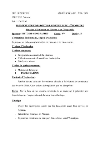 Première page de Histoire-Géographie 4e — 1er devoir surveillé, 1er semestre (2020-2021) · CEG LE NOKOUE