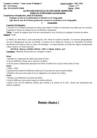 Première page de Histoire-Géographie 6e, 2nde A2, 2nde B, 2nde D — 1er devoir surveillé, 2e trimestre (2021-2022) · CPEG SAINT Justin