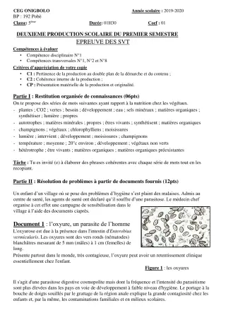 Première page de SVT 5e — 2e production scolaire, 1er semestre (2019-2020) · CEG ONIGBOLO