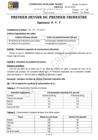 Première page de SVT 1ère A, 1ère B — 1er devoir surveillé, 1er trimestre (2019-2020) · CPEG MARIA GRACIA