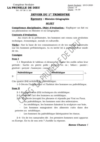 Première page de Histoire-Géographie 6e — Devoir surveillé, 1er trimestre (2019-2020) · CEPG La Prunelle de Dieu