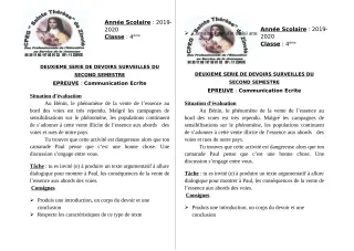 Première page de Français 4e — 2e devoir surveillé, 2e semestre (2019-2020) · CPEG Ste Thérèse de Zinvié