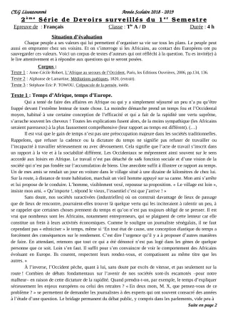 Première page de Français Tle A1, Tle A2, Tle D — 2e devoir surveillé, 1er semestre (2018-2019) · CEG Lissazounmè