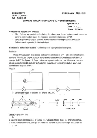Première page de PCT 6e — 2e production scolaire, 1er semestre (2019-2020) · CEG SEGBEYA