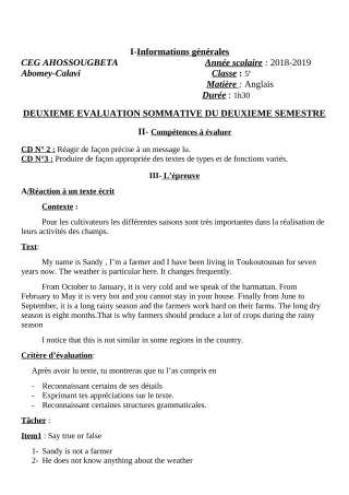 Première page de Anglais 6e, 5e, 4e, 4e ML, 3e, 3e ML, 2nde A & B, 2nde D — 2e évaluation sommative, 2e semestre (2018-2019) · CEG Ahossougbéta