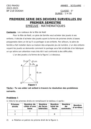 Première page de Mathématiques 5e — 1er devoir surveillé, 1er semestre (2022-2023) · CEG PAHOU