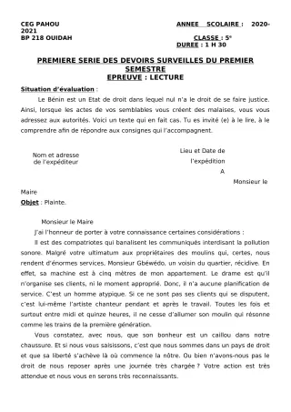 Première page de Français 5e — 1er devoir surveillé, 1er semestre (2020-2021) · CEG PAHOU