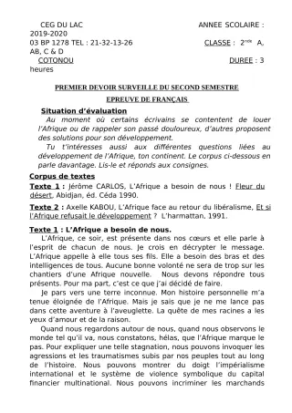 Première page de Français 2nde A, 2nde B, 2nde C, 2nde D — 1er devoir surveillé, 2e semestre (2019-2020) · CEG du Lac