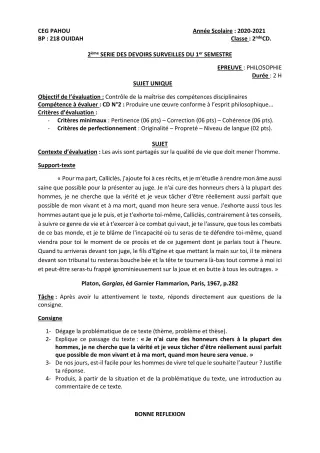 Première page de Philosophie 2nde C, 2nde D — 2e devoir surveillé, 1er semestre (2020-2021) · CEG PAHOU