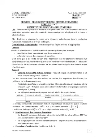 Première page de PCT 3e — 1er devoir surveillé, 2e semestre (2018-2019) · CEG Le Méridien