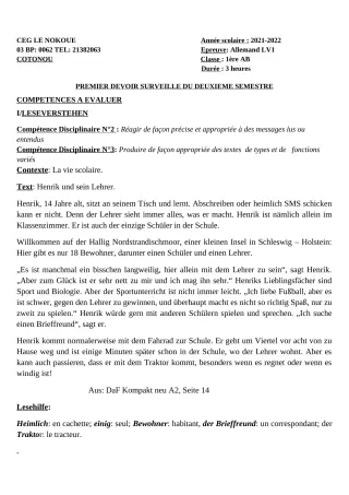 Première page de Allemand 1ère A1, 1ère A2, 1ère B — 1er devoir surveillé, 2e semestre (2021-2022) · CEG LE NOKOUE