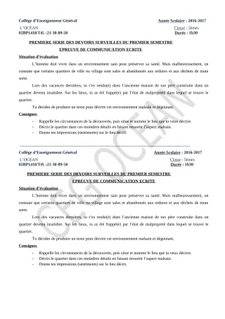 Première page de Français 5e — 1er devoir surveillé, 1er semestre (2017-2018) · CEG l'Océan