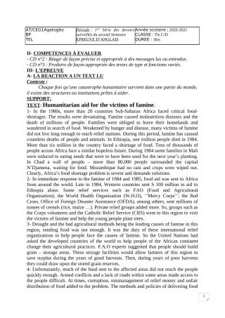 Première page de Anglais Tle C, Tle D — 1er devoir surveillé, 2e semestre (2020-2021) · CEG 1 Agatogbo