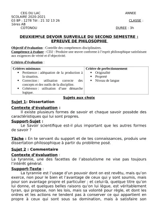 Première page de Philosophie 1ère A2, 1ère B — Devoir surveillé, 2e semestre (2020-2021) · CEG du Lac