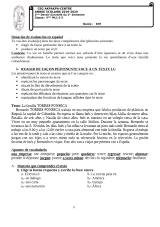 Première page de Espagnol 4e ML — 2e devoir surveillé, 1er semestre (2019-2020) · CEG 1 Akpakpa-Centre