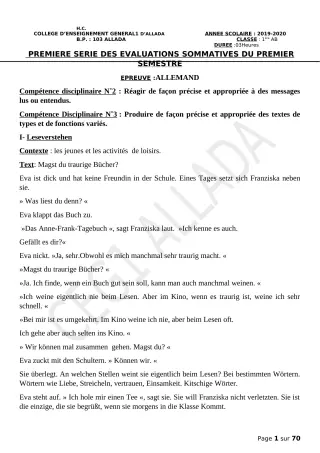 Première page de Allemand 4e ML, 3e ML, 2nde A & B, 1ère A & B, Tle A & B — 1re évaluation sommative, 1er semestre (2019-2020) · CEG1 Allada