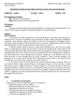 Première page de Anglais 2nde D — 1er devoir surveillé, 2e semestre (2018-2019) · CEG 2 KANDI