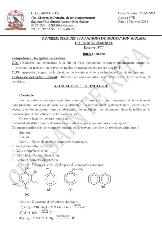 Première page de PCT 1ère D — Production scolaire, 1er semestre (2020-2021) · CEG Sainte Rita