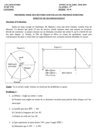 Première page de Mathématiques 4e ML&MC — 1er devoir surveillé, 1er semestre (2018-2019) · CEG HOUEYIHO