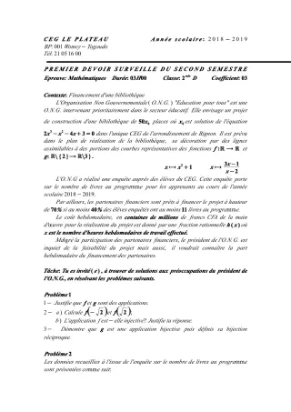 Première page de Mathématiques 2nde D — 1er devoir surveillé, 2e semestre (2018-2019) · CEG Le Plateau