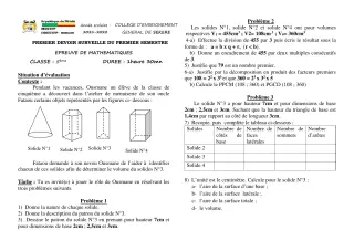 Première page de Mathématiques 5e — 1er devoir surveillé, 1er semestre (2021-2022) · CEG SEKERE