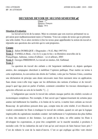 Première page de Français 1ère A & B, 1ère A1, 1ère A2, 1ère B, 1ère D — 2e devoir surveillé, 2e semestre (2019-2020) · CEG Attogon