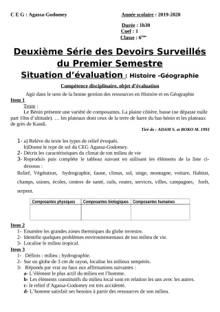 Première page de Histoire-Géographie 6e — 2e devoir surveillé, 1er semestre (2019-2020) · CEG Agassa Godomey