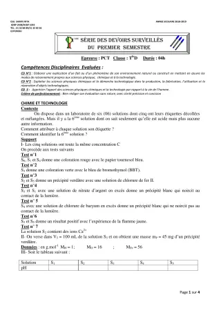 Première page de PCT Tle C — 1er devoir surveillé, 1er semestre (2018-2019) · CEG Sainte Rita