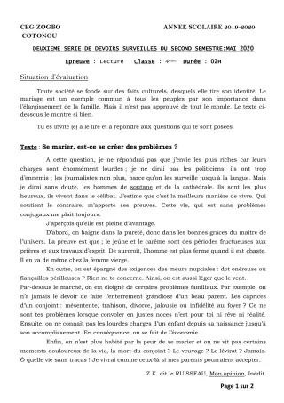 Première page de Français 4e, 4e ML — 2e devoir surveillé, 2e semestre (2019-2020) · CEG ZOGBO