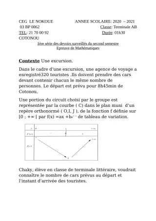 Première page de Mathématiques Tle A1, Tle A2, Tle B — 1er devoir surveillé, 2e semestre (2021-2022) · CEG LE NOKOUE