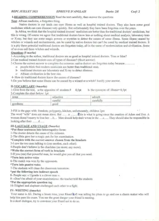 Première page de Épreuve BEPC 2021 anglais Togo