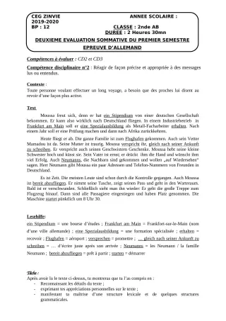 Première page de Allemand 2nde A, 2nde A2, 2nde B — 2e évaluation sommative, 1er semestre (2019-2020) · CEG Zinvié
