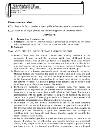 Première page de Anglais 1ère A1, 1ère A2, 1ère B, 1ère C, 1ère D — 2e devoir surveillé, 2e semestre (2019-2020) · CEG 1 Akpakpa-Centre