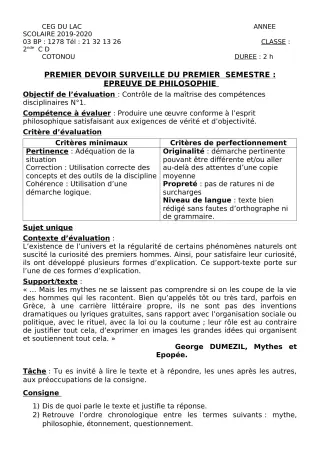 Première page de Philosophie 2nde C, 2nde D — 1er devoir surveillé, 1er semestre (2019-2020) · CEG du Lac