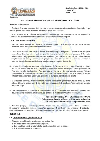 Première page de Français 6e — 2e devoir surveillé, 2e trimestre (2019-2020) · CPEG LE PHARAON