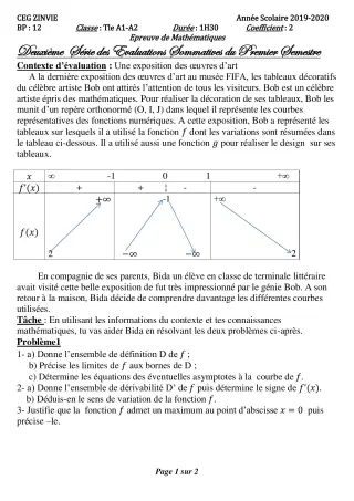 Première page de Mathématiques Tle A1, Tle A2 — 2e évaluation sommative, 1er semestre (2019-2020) · CEG Zinvié