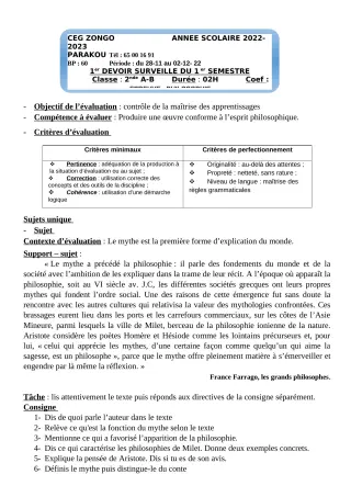 Première page de Philosophie 2nde A2, 2nde B — 1er devoir surveillé, 1er semestre (2022-2023) · CEG ZONGO