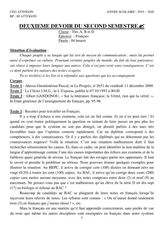 Première page de Français Tle A & B, Tle A1, Tle A2, Tle B, Tle D — 2e devoir surveillé, 2e semestre (2019-2020) · CEG Attogon