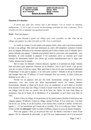Première page de Français 3e, 3e ML, 2nde A, 2nde B, 2nde C, 2nde D, 1ère A1, 1ère A2, 1ère B, 1ère C, 1ère D, Tle A1, Tle A2, Tle B, Tle C, Tle D — 1er devoir surveillé, 2e semestre (2018-2019) · CEG2 ABOMEY - CALAVI
