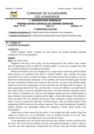 Première page de Anglais 2nde A, 2nde A1, 2nde A2, 2nde D, 1ère A, 1ère A1, 1ère A2, 1ère D, Tle A & B, Tle A1, Tle A2, Tle D — 1er devoir surveillé, 1er semestre (2019-2020) · CEG AYAHOHOUE