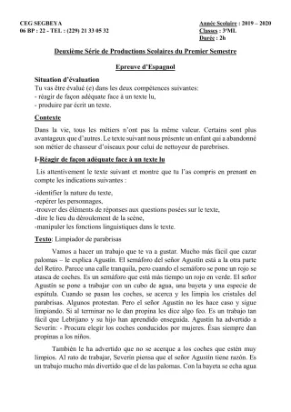 Première page de Espagnol 3e ML — 2e production scolaire, 1er semestre (2019-2020) · CEG SEGBEYA