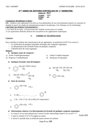 Première page de PCT 6e, 5e, 4e, 3e, 2nde D, 1ère D, Tle D — 2e devoir surveillé, 1er semestre (2018-2019) · CEG1 Abomey