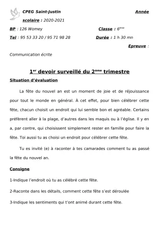 Première page de Français 6e, 5e, 4e, 4e ML, 3e, 3e ML — 1er devoir surveillé, 2e trimestre (2020-2021) · CPEG SAINT Justin