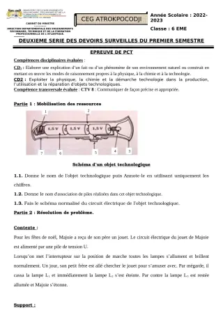 Première page de PCT 6e, 5e, 4e ML, 3e — 2e devoir surveillé, 1er semestre (2022-2023) · CEG ATROKPOCODJI