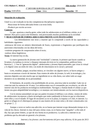 Première page de Espagnol 4e ML, 3e ML, 2nde A1, 2nde A2, 2nde B, 1ère A1, 1ère A2, 1ère B, Tle A1, Tle A2, Tle B — 1er devoir surveillé (2018-2019) · CEG Hubert C. MAGA