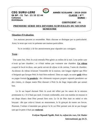 Première page de Français 6e, 5e, 4e, 4e ML, 3e, 3e ML, 2nde B, 2nde C, 2nde D, 1ère A, 1ère B, 1ère C, 1ère D, Tle A1, Tle A2, Tle B, Tle C, Tle D — 1er devoir surveillé, 2e semestre (2019-2020) · CEG SURU-LERE