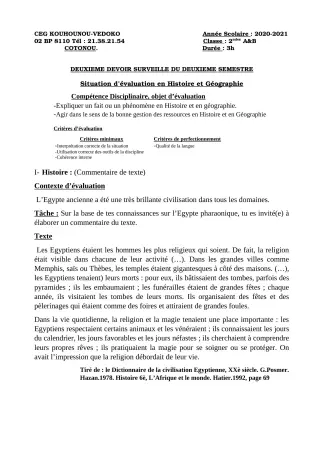 Première page de Histoire-Géographie 2nde A & B — 2e devoir surveillé, 2e semestre (2020-2021) · CEG Kouhounou-Vêdoko