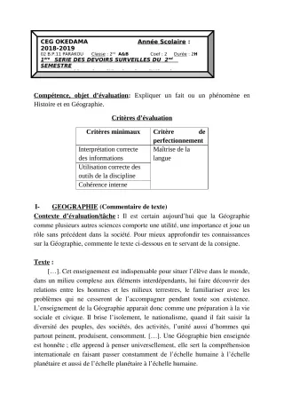 Première page de Histoire-Géographie 2nde A1, 2nde A2, 2nde B — 1er devoir surveillé, 2e semestre (2018-2019) · CEG OKEDAMA