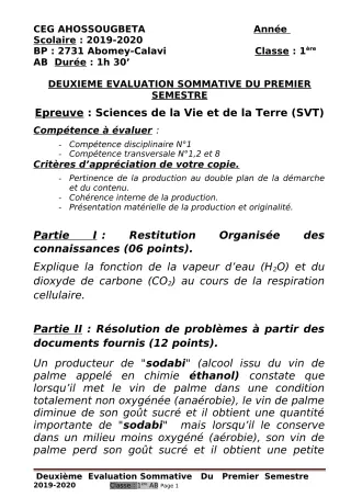 Première page de SVT 1ère A2, 1ère B — 2e évaluation sommative, 1er semestre (2019-2020) · CEG Ahossougbéta